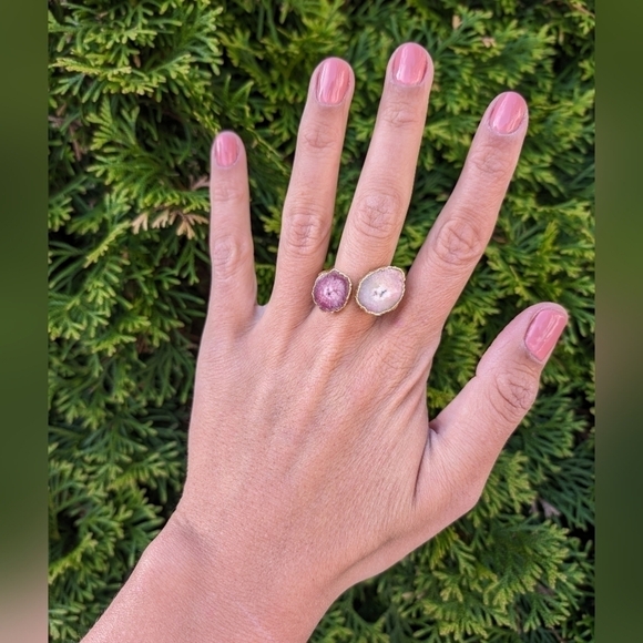 Artisan Handmade In Morocco Adjustable Boho Chic Double Geode Gold Ring Size 10 - Picture 1 of 8